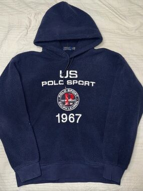 Vintage Ralph Lauren Polo Sport P 12 M Yacht Challenge Fleece Hoodie Navy Medium